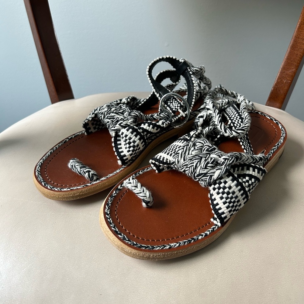 Amambaih black and white leather and woven tie strap sandals - size 6